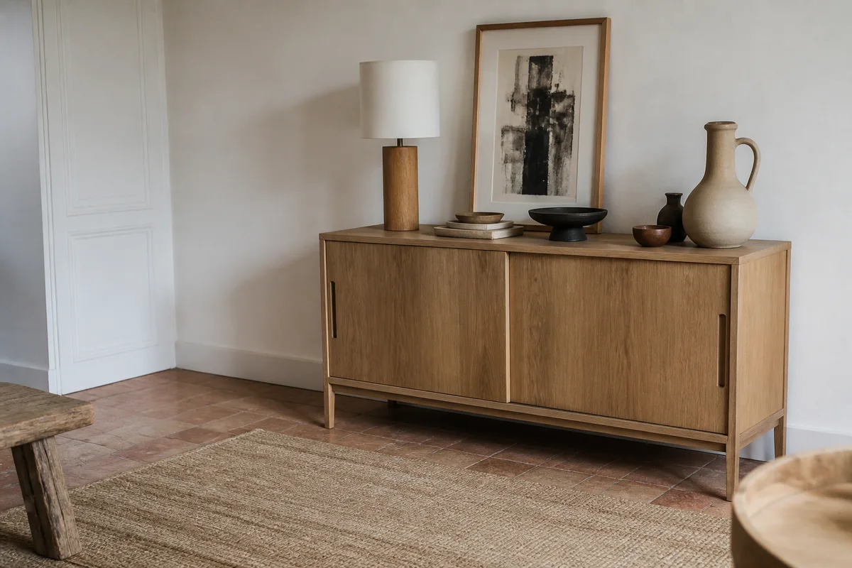 Banc en bois et objets décoratifs disposés dans un intérieur contemporain