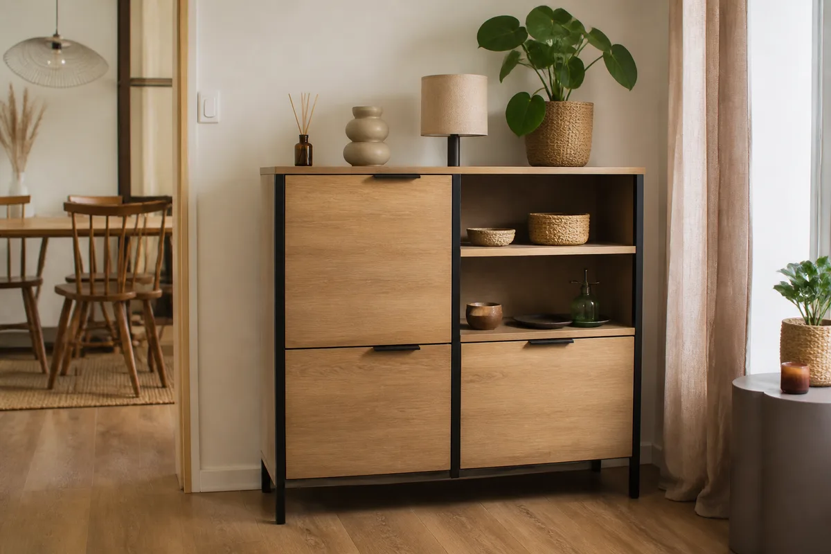 Meuble de rangement Sweeek dans un intérieur contemporain avec objets décoratifs