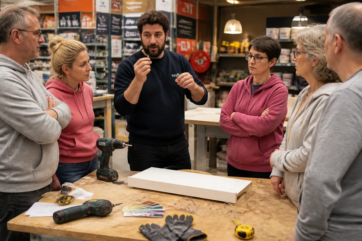 Atelier de cours de bricolage en magasin avec outils, bois et protections sur un établi