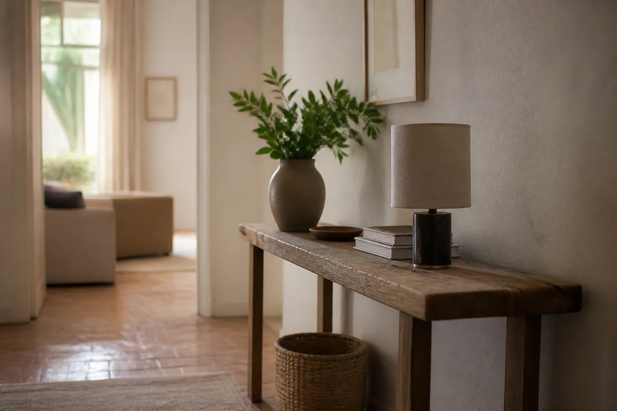 Composition d’objets déco sur une console de salon avec vase en céramique, lampe et panier en fibres naturelles