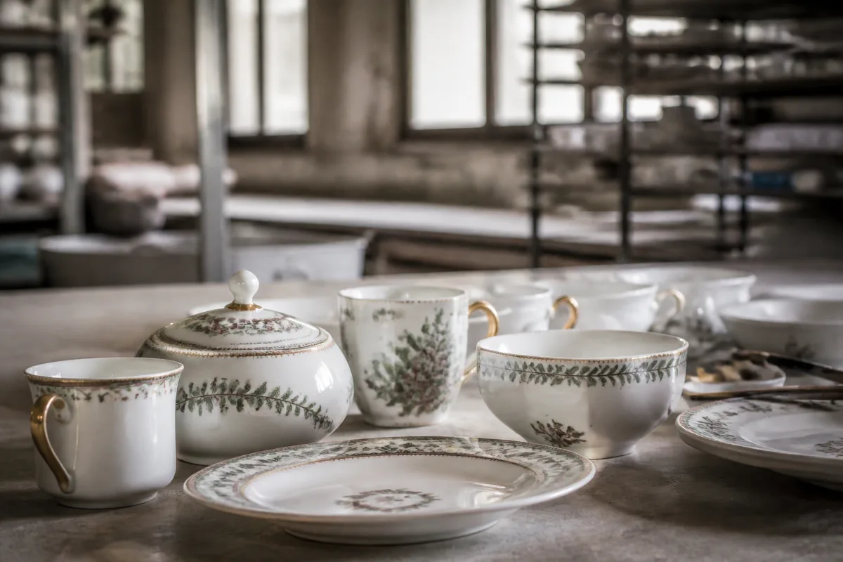 Pièces de porcelaine Bernardaud posées dans un atelier lumineux à Limoges