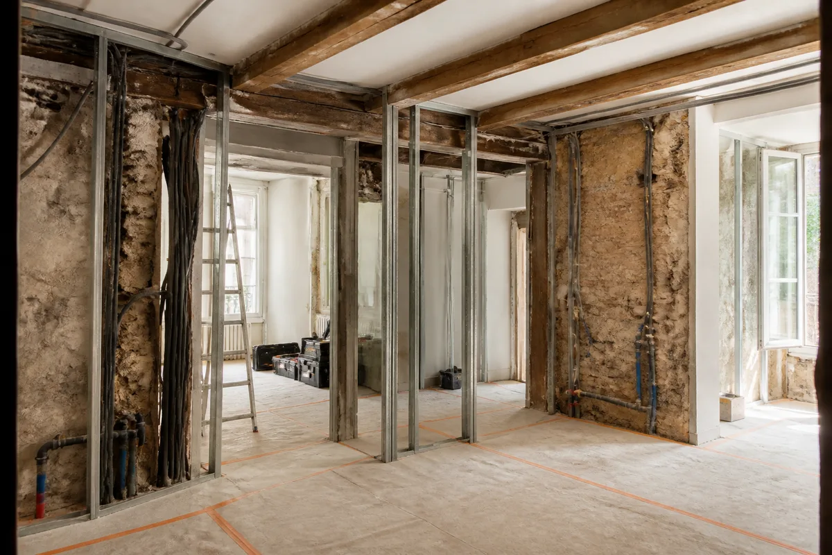 Maison ancienne en cours de rénovation complète avec murs ouverts et réseaux apparents