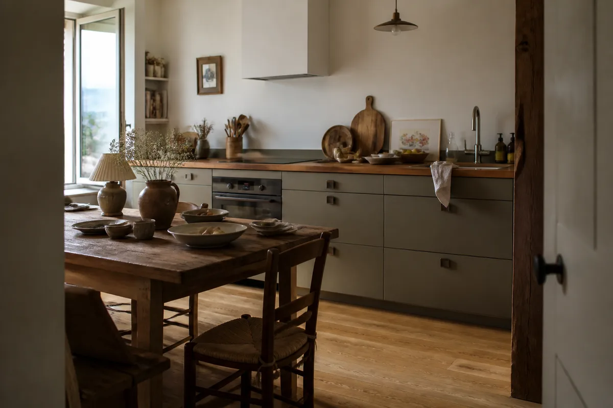 Cuisine aménagée avec meubles sur mesure et objets décoratifs vintage sur une table